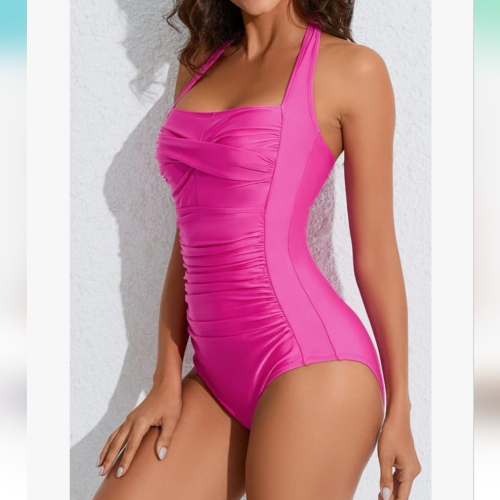 Boutique 50s style pinup girl swimsuit in bubble gum pink.